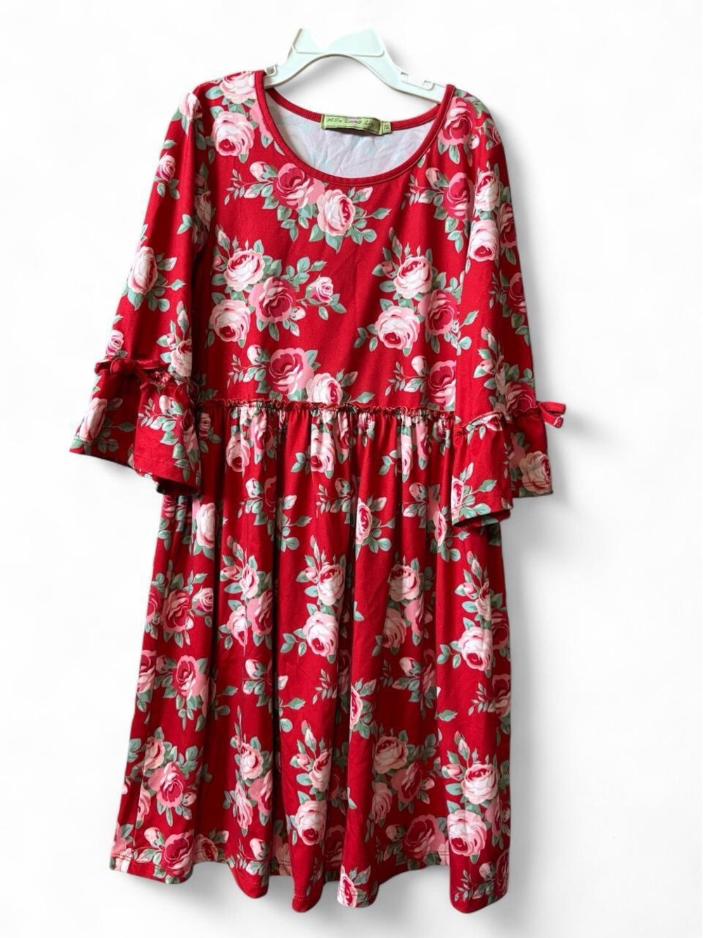 Girls Red Floral Ruffle-Sleeve Dress